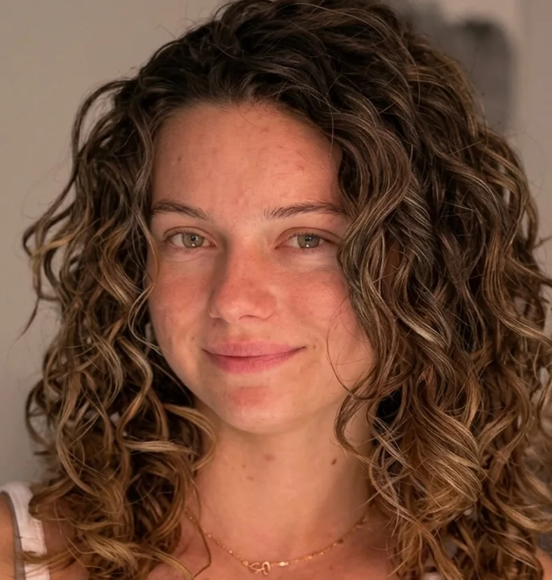 Client with shoulder-length defined curls after a curly styling session in Lake Forest, CA.
